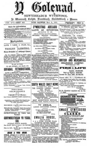 cover page of Y Goleuad published on May 9, 1885