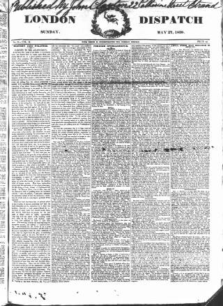 cover page of London Dispatch published on May 27, 1838