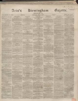 cover page of Aris's Birmingham Gazette published on May 9, 1868