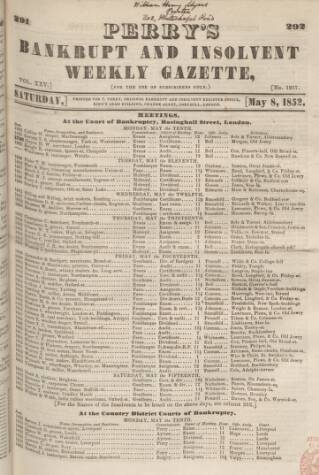 cover page of Perry's Bankrupt Gazette published on May 8, 1852