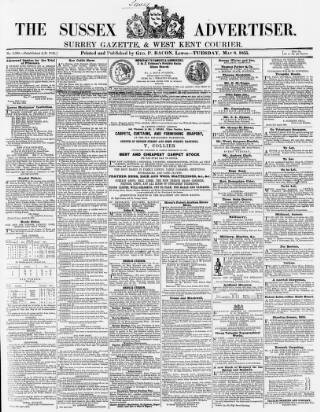 cover page of Sussex Advertiser published on May 8, 1855