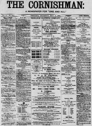 cover page of Cornishman published on May 8, 1884