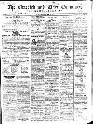 cover page of Limerick and Clare Examiner published on May 8, 1852