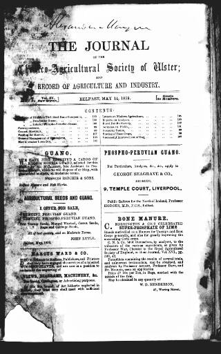 cover page of Journal of the Chemico-Agricultural Society of Ulster published on May 2, 1859