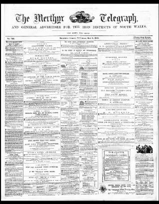 cover page of Merthyr Telegraph, and General Advertiser for the Iron Districts of South Wales published on May 8, 1869