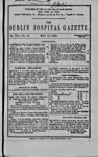 cover page of Dublin Hospital Gazette published on May 15, 1860