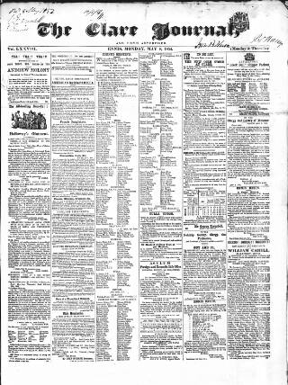 cover page of Clare Journal, and Ennis Advertiser published on May 8, 1854
