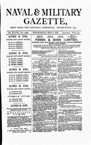 cover page of Naval & Military Gazette and Weekly Chronicle of the United Service published on May 8, 1878