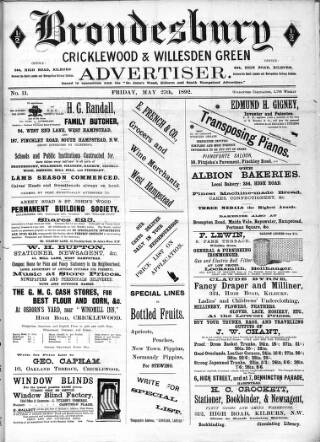cover page of Brondesbury, Cricklewood & Willesden Green Advertiser published on May 27, 1892
