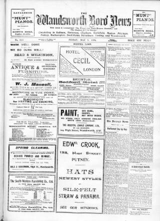 cover page of Wandsworth Borough News published on May 8, 1908