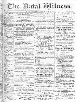 cover page of Natal Witness published on May 28, 1878