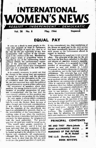 cover page of International Woman Suffrage News published on May 5, 1944