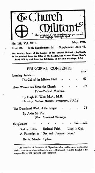 cover page of Church League for Women's Suffrage published on May 1, 1924