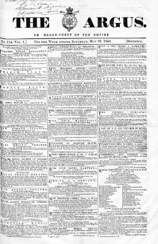 cover page of Argus, or, Broad-sheet of the Empire published on May 28, 1842