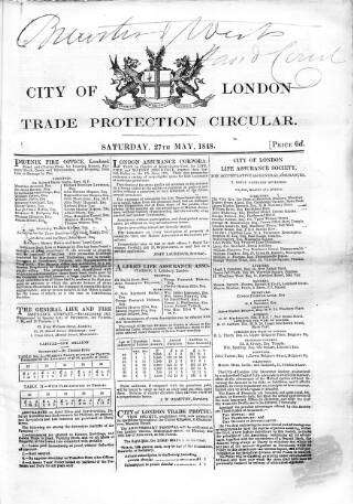 cover page of City of London Trade Protection Circular published on May 27, 1848
