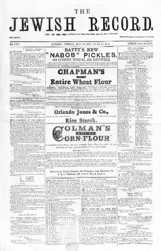 cover page of Jewish Record published on May 19, 1871
