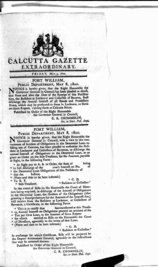cover page of Calcutta Gazette published on May 9, 1800