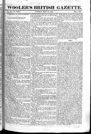 cover page of Wooler's British Gazette published on May 26, 1822