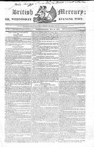 cover page of British Mercury or Wednesday Evening Post published on May 8, 1822