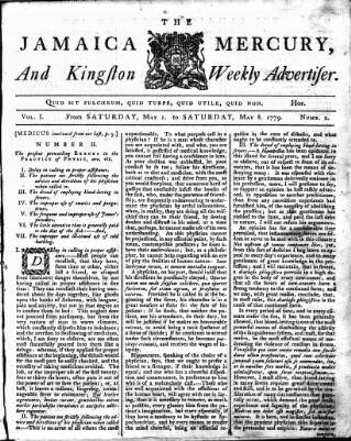 cover page of Royal Gazette of Jamaica published on May 8, 1779