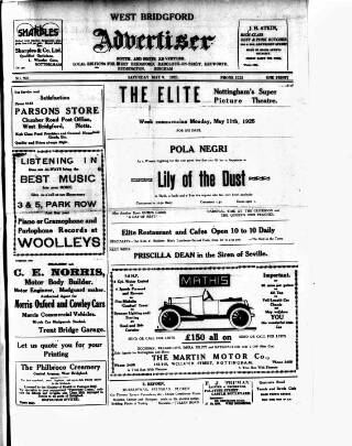 cover page of West Bridgford Advertiser published on May 9, 1925
