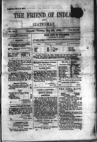 cover page of Friend of India and Statesman published on May 9, 1882