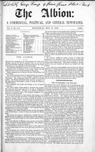 cover page of Albion published on May 11, 1853