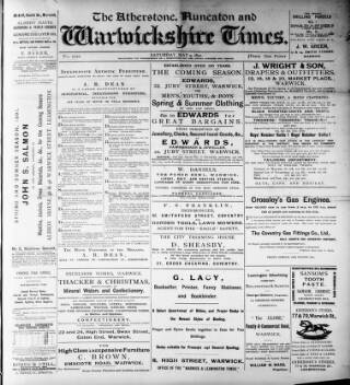 cover page of Atherstone, Nuneaton, and Warwickshire Times published on May 9, 1891