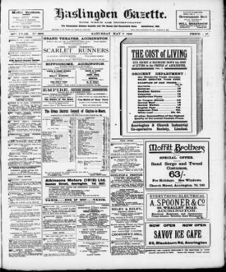cover page of Haslingden Gazette published on May 8, 1920