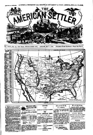 cover page of American Settler published on May 8, 1886