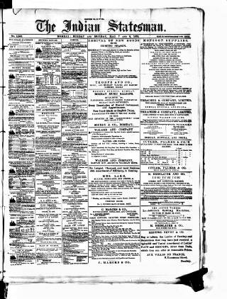 cover page of Indian Statesman published on May 8, 1876
