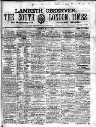 cover page of South London Times and Lambeth Observer published on May 8, 1858