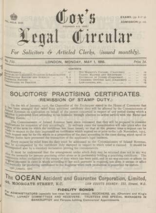 cover page of Cox's Legal Circular published on May 1, 1916