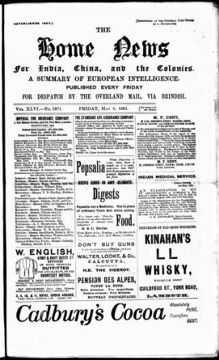 cover page of Home News for India, China and the Colonies published on May 8, 1891
