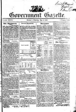 cover page of Government Gazette (India) published on May 8, 1823