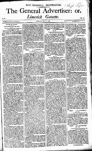 cover page of Limerick Gazette published on May 8, 1807