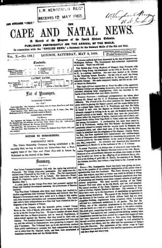 cover page of Cape and Natal News published on May 9, 1868