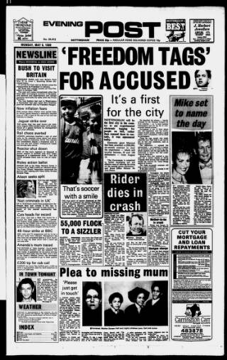 cover page of Nottingham Evening Post published on May 8, 1989