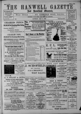 cover page of Hanwell Gazette and Brentford Observer published on May 9, 1908