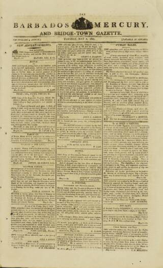 cover page of Barbados Mercury and Bridge-town Gazette published on May 8, 1821