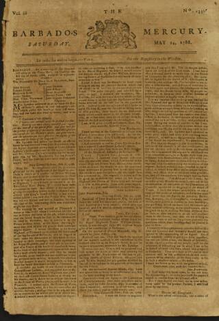 cover page of Barbados Mercury published on May 24, 1788