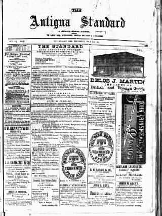 cover page of Antigua Standard published on May 8, 1889