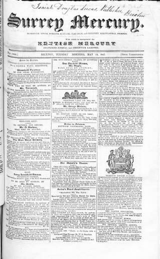 cover page of Surrey Mercury published on May 18, 1847