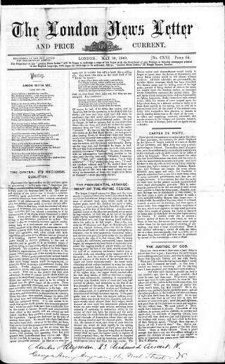 cover page of London News Letter and Price Current published on May 26, 1862