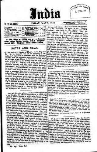 cover page of India published on May 9, 1919