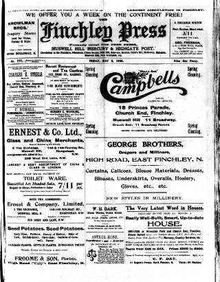 cover page of Finchley Press published on May 8, 1908