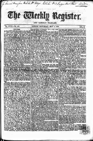 cover page of Weekly Register and Catholic Standard published on May 8, 1858