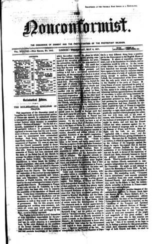 cover page of Nonconformist published on May 9, 1877