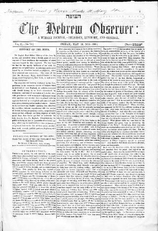 cover page of Hebrew Observer published on May 19, 1854