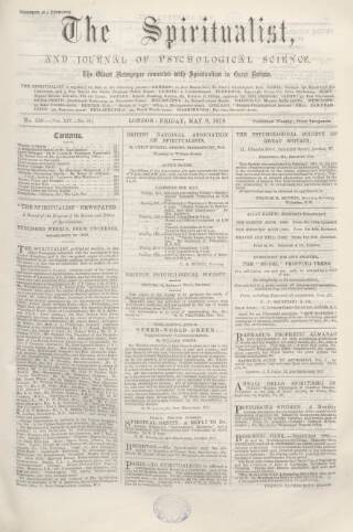 cover page of Spiritualist published on May 9, 1879